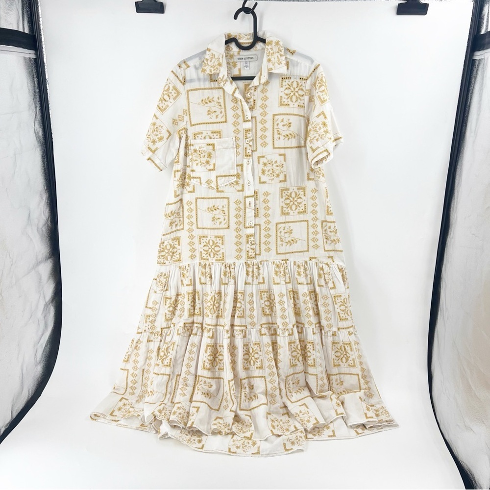 ✅‎ Urban Outfitters Women Gold Ivory Smith Eyelet Boho Midi Dress Size X-Small